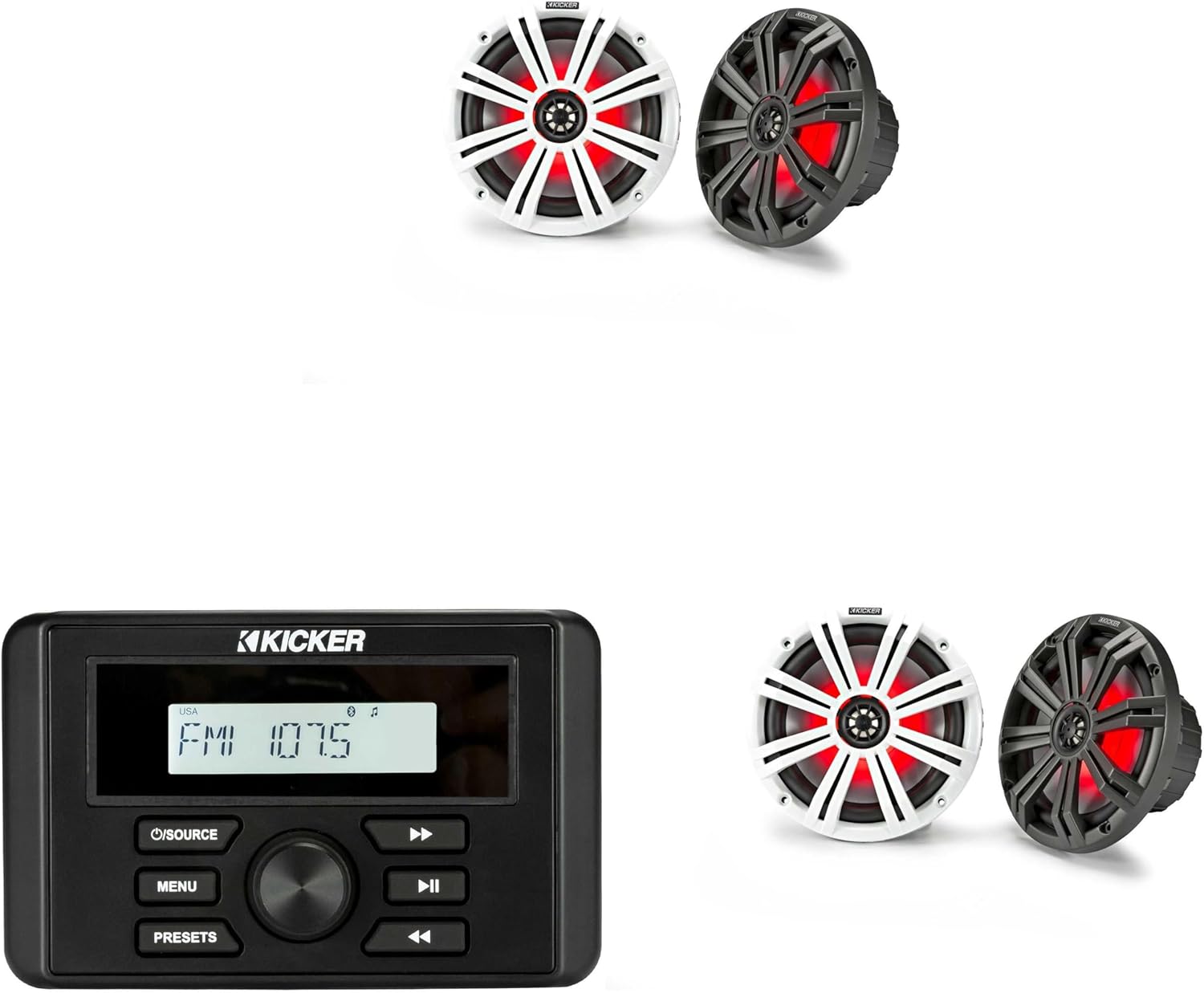 Kicker 46KMC3 マリンゲージスタイルソース &amp; (2ペア) 45KM84L 8インチ マリンLEDスピーカーセッ