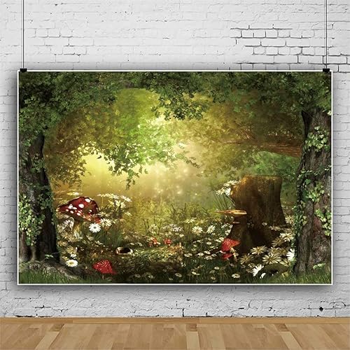 Miniatura 5 de Telones de fondo de vinilo para fotografía de cuento de hadas del bosque del país de las maravillas de 5 x 3 pies, árboles verdes, flores