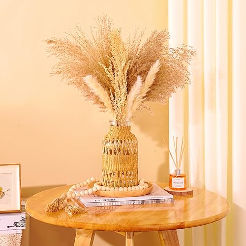 Miniatura 3 de ZENS Jarrón bohemio de ratán, cubierta de mimbre tejida a mano, florero de cristal para hierba de las pampas, florero artístico de otoño estilo