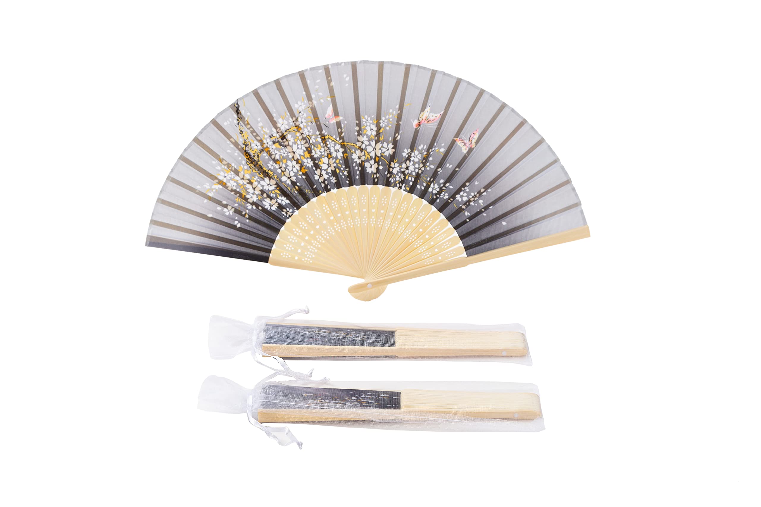 SepweddSepwedd 50pcs Black and White Gradient Cherry Blossom Pattern Imitated Silk Fabric Bamboo Folded Chinese Hand Fan Bridal Dancing Props Church Wedding Gift Party Favors with Gift Bags(Q62)