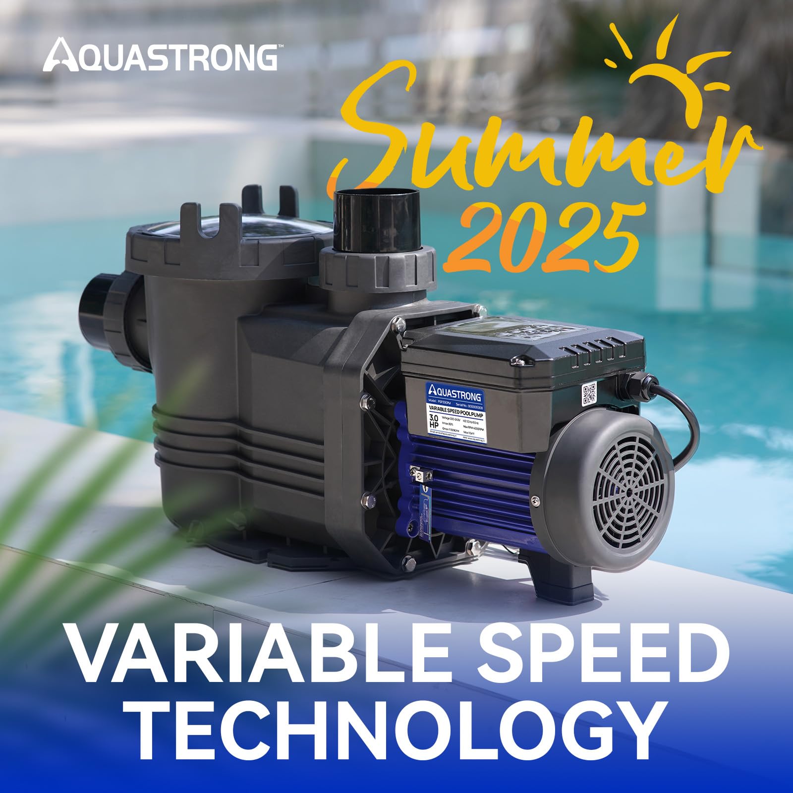 Aquastrong Variable Speed Pool Pump, 3 HP, 220V, 11359GPH, In/Above Pool Pump with Filter Basket