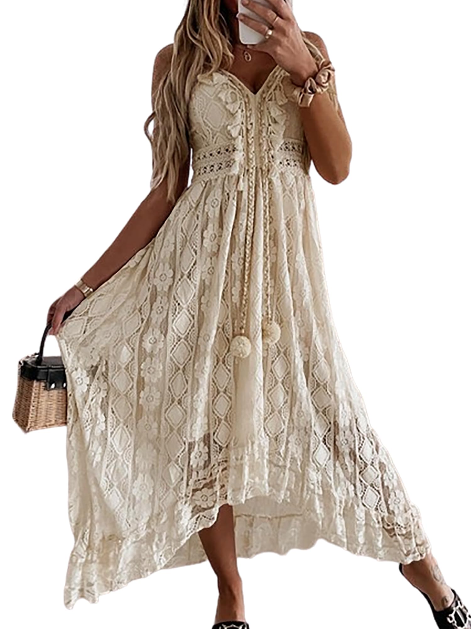 CUPSHE Robe d'été pour Femme Boho Maxi à Lacets avec Pompon col en V évasé à Volants Robes de Plage