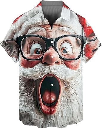 Mens Christmas Shirts Funky Button Down Shirts Funny Santa 3D Print Holiday Hawaiian Tops Loose Fit Xmas Party Shirt