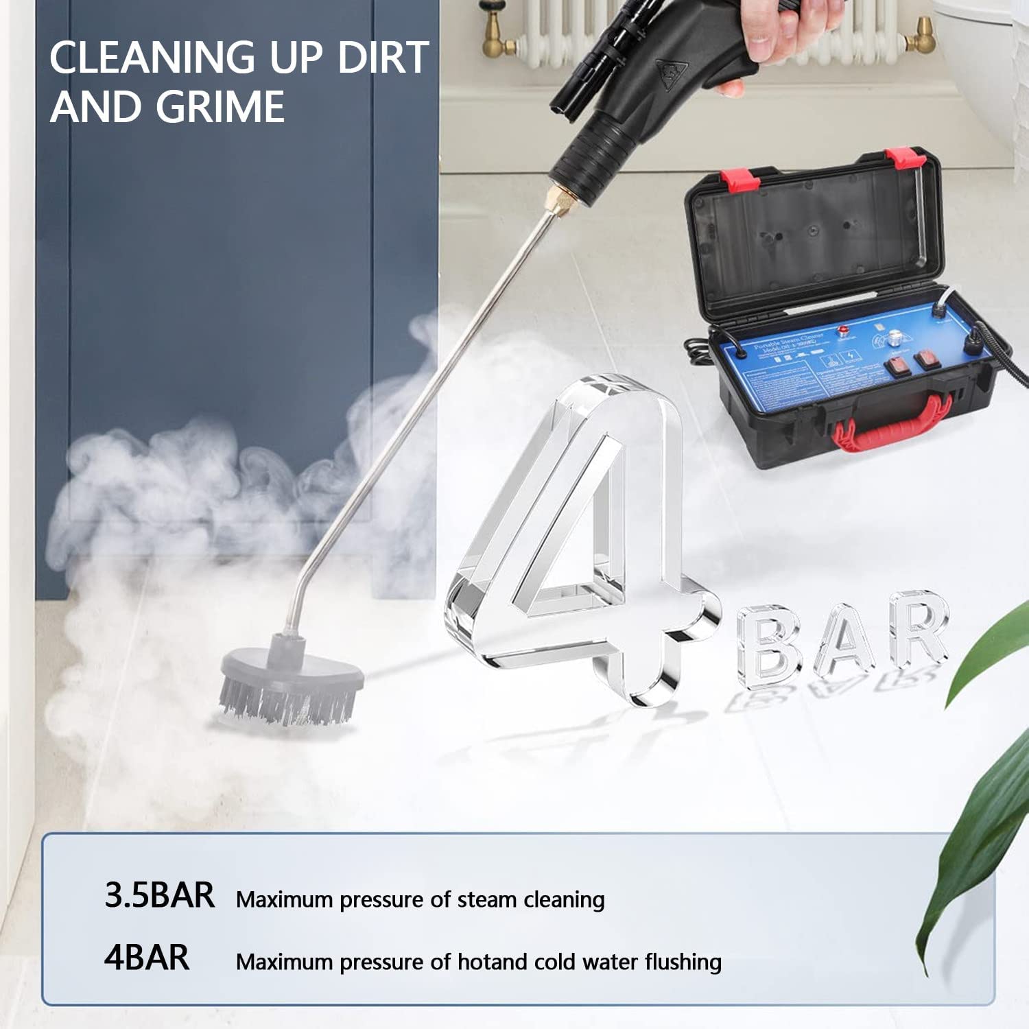 Limpiador a vapor de mano, máquina de limpieza a vapor presurizada de alta temperatura con cabezales de cepillo, máquina de limpieza a vapor portátil de 3,5 bar, limpieza a vapor para cocina, bañ