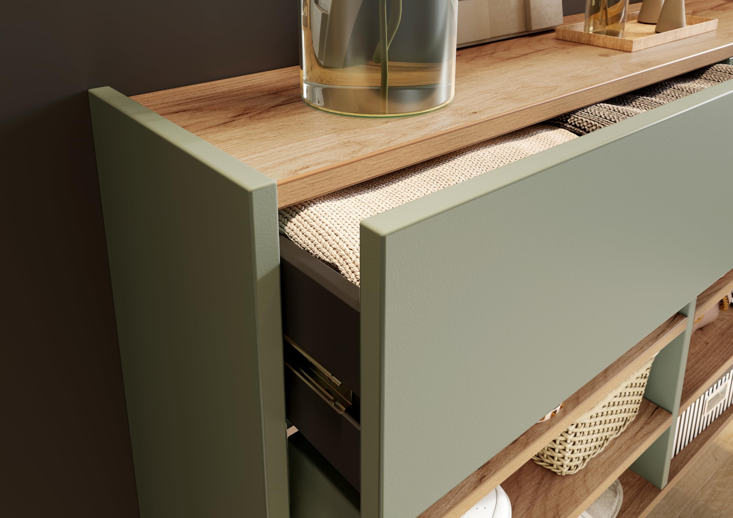Germania Armoire à Chaussures 1398-629 GW-Ameca, en Coloris Vert Taupe/chêne, Profondeur Faible, Optimale dans Les Couloirs Étroits, 110 x 57 x 22 cm (l x h x p)