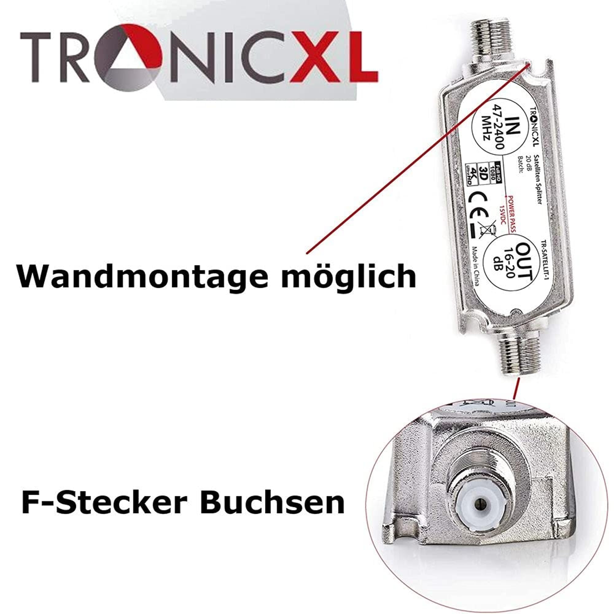 TronicXL Rozdzielacz anteny premium z podwójnym wzmacniaczem satelitarnym, cyfrowy HD I do telewizji satelitarnej DVBT DVBS, Unicable 3D, 4K, HDTV, miękka wkładka do 2 telewizorów (2-krotny, srebrny)