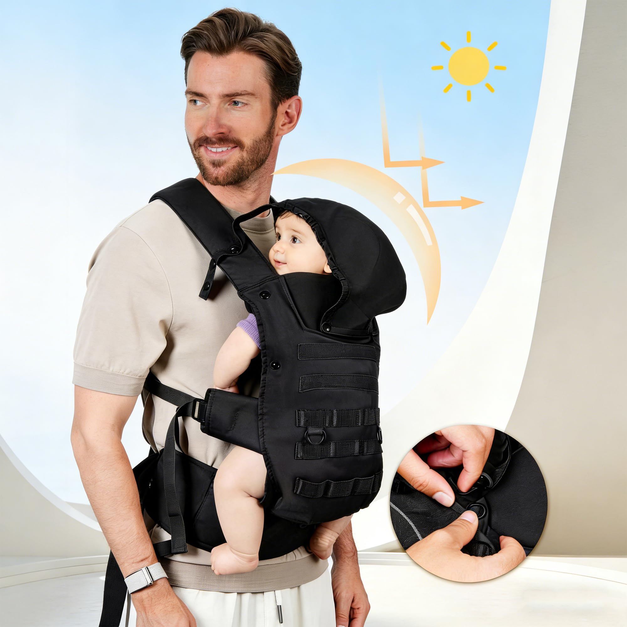 Marsupio Tattico Per Papà, Marsupio Per Neonati E Bambini (4-36 Mesi) - Marsupio Ergonomico 3 In 1 Con Posizione A M, Salutare Per Le Anche, Ideale Per Passeggiate E Viaggi Nero