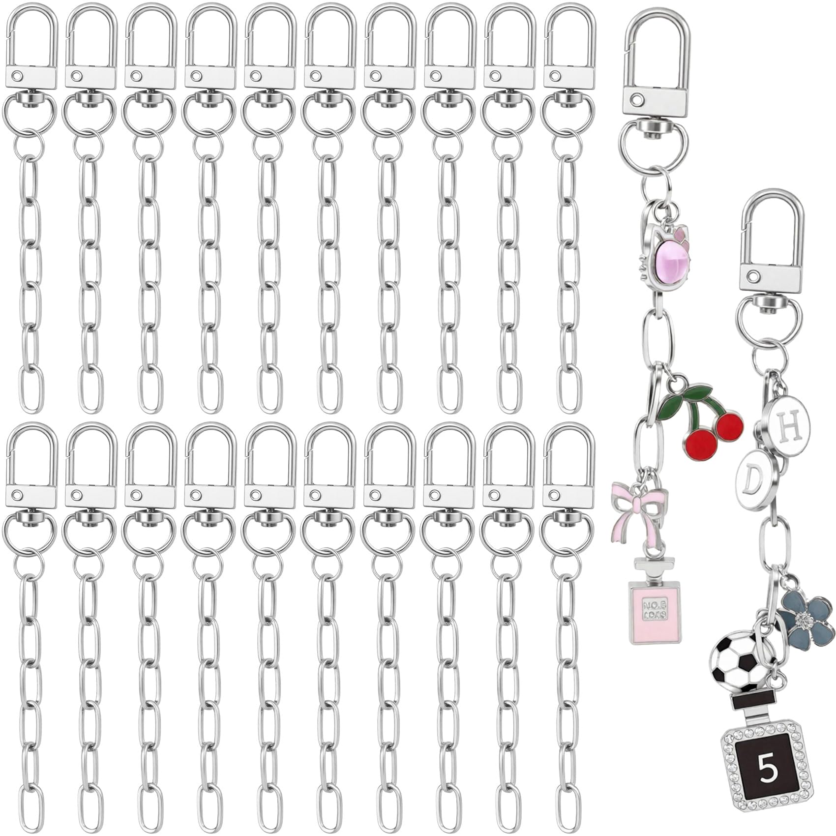 Hzopcw 20pcs Silver Keychain Making Kit, Key Ring Swivel Snap Hook Chains, Alloy Extender Keychain Bag Charm Kits for DIY Crafts Jewelry Making