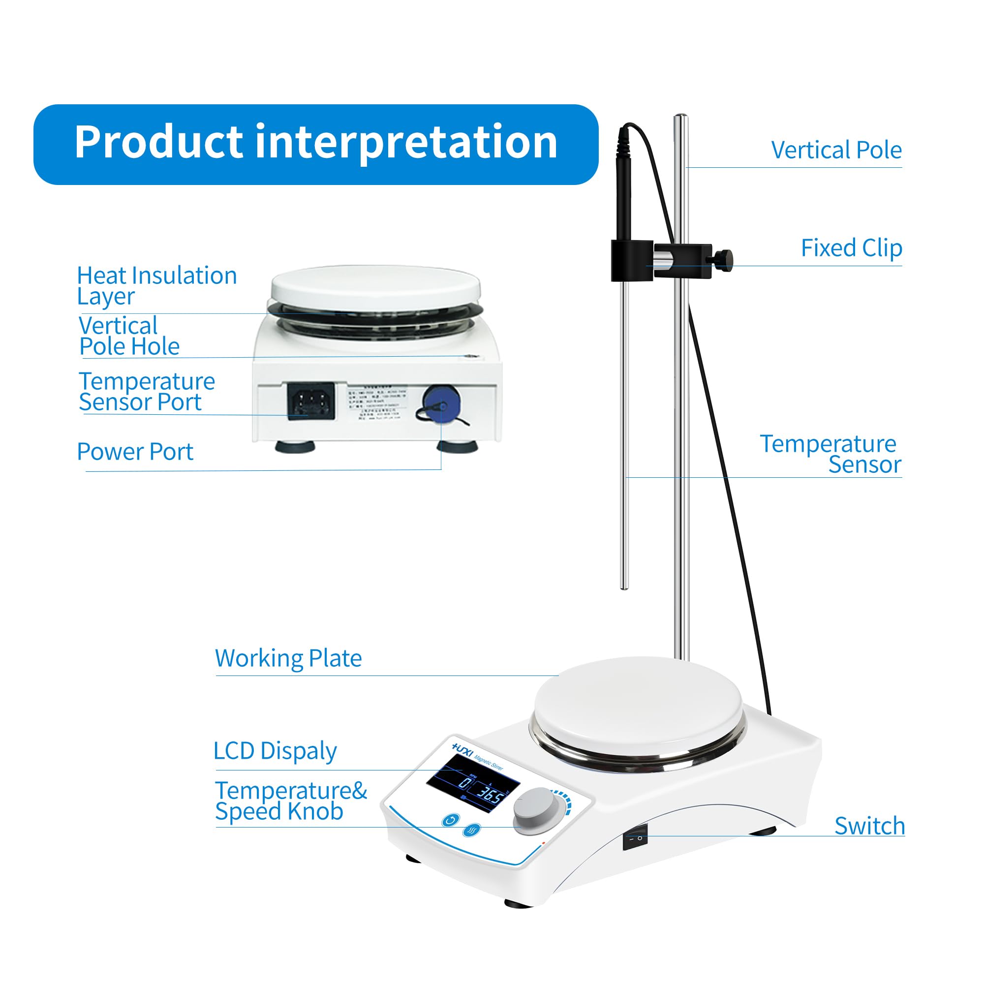 +UXI Agitador magnético con pantalla LCD RT+5 ~ 350º, rango de velocidad 100-2000 rpm, capacidad máxima de procesamiento, 20 L, rango de ajuste de tiempo 0-99h59min con 2 barras de agitación de 110 V