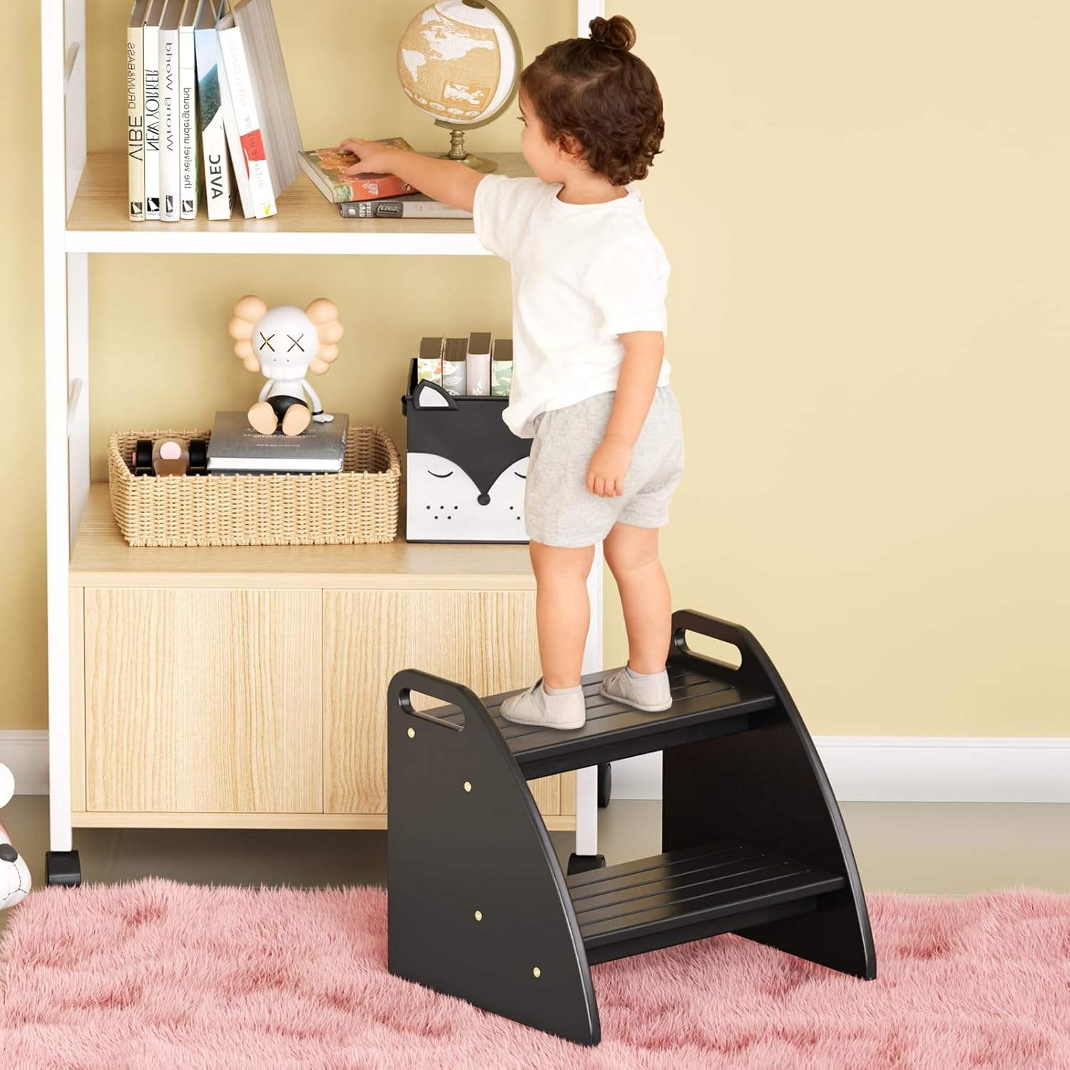 Wooden Step Stool for Kids with Double-Layered Design, Made of Bamboo Ideal as a Bed Step Stools, Perfect Wood Step Stool for Kitchen, Bedroom and Bathroom Use by Young Children