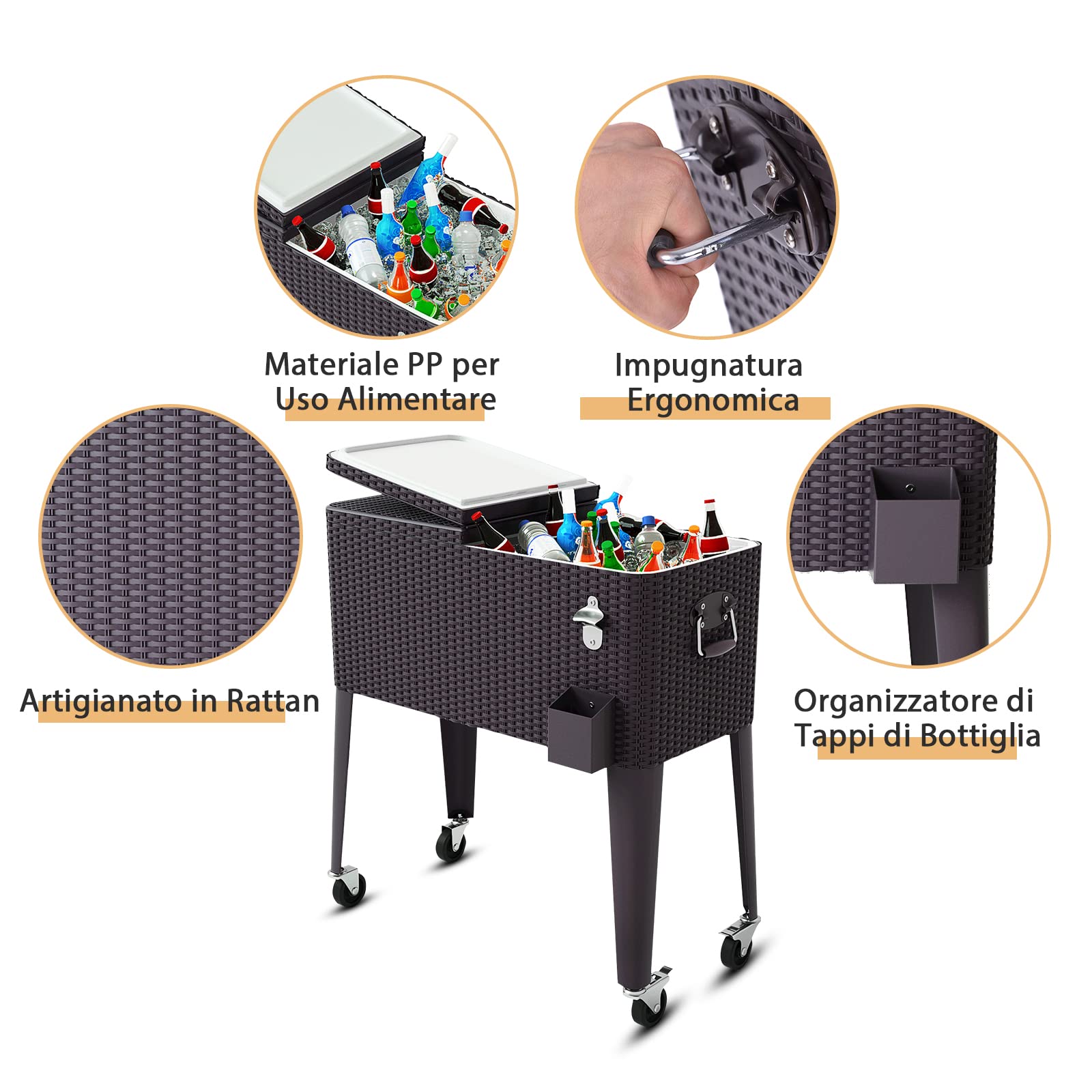 COSTWAY Carrello Portavivande Refrigerante Rattan 76L, Carrello Portaghiaccio con Ruote Bloccabili, Apribottiglie, 83x48x87 cm
