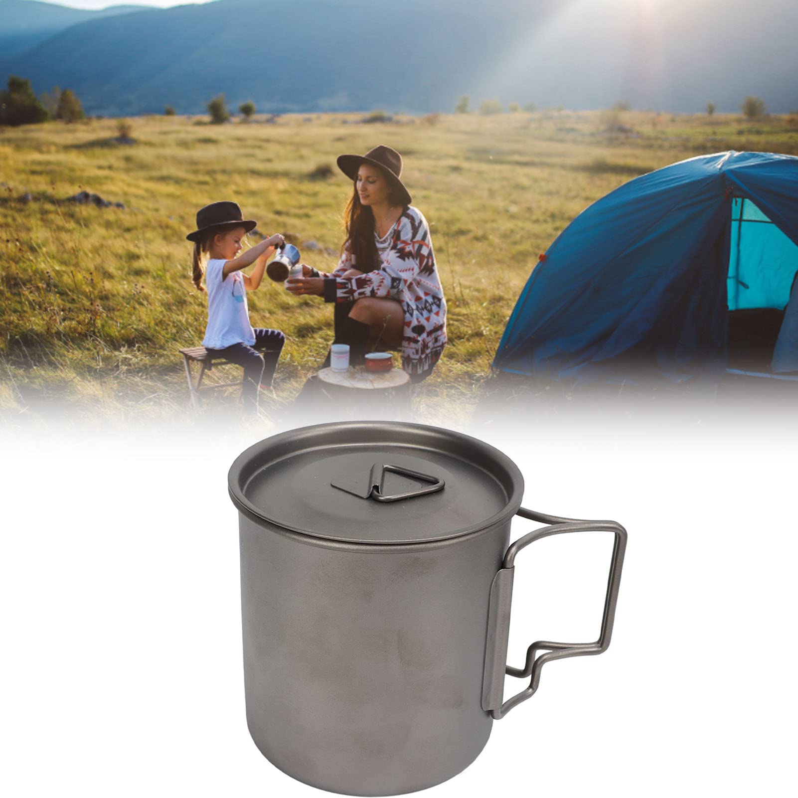 Camping Titanium Cup, 500 ml zaokrąglona krawędź Lekki przenośny kubek ze składanym uchwytem do użytku na zewnątrz