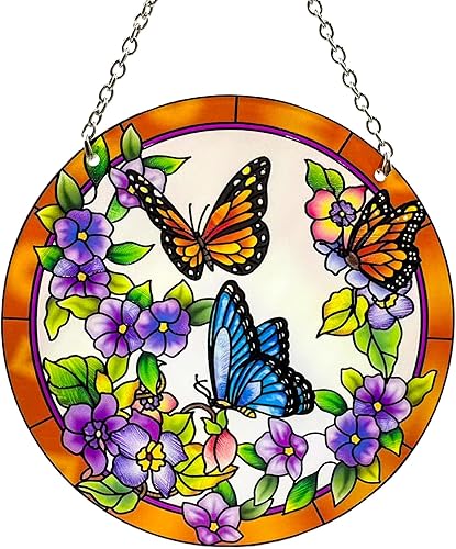 Colgantes de ventana de cristal de colores de mariposa, atrapasoles de flores coloridas de 6 pulgadas, panel de vidrio colorido, atrapasoles bonitos
