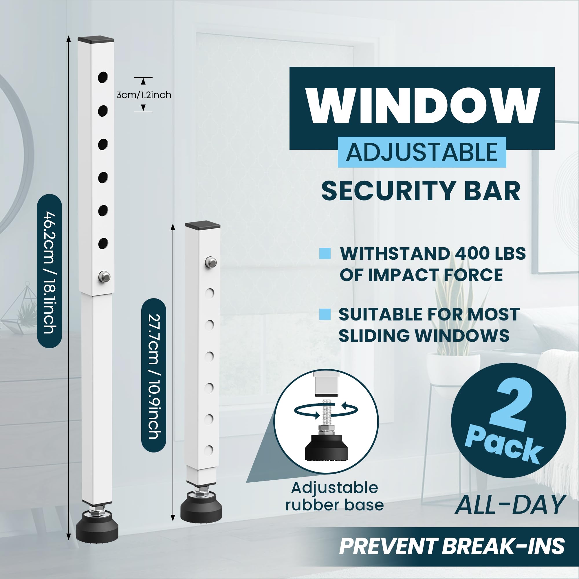 Paquete de 2 barras de seguridad ajustables para ventana, barra de bloqueo de seguridad para ventana con base de goma, tope deslizante para seguridad infantil, antirrobo/ventana vertical y