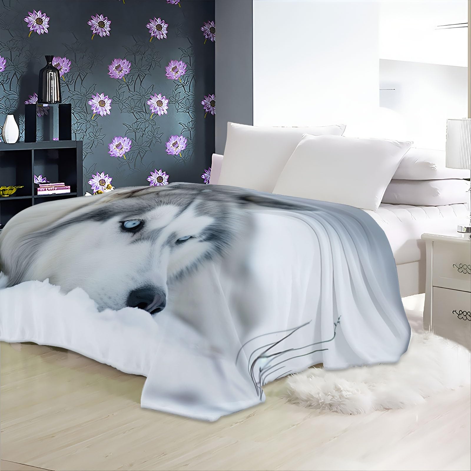 Générique Plaid Couverture Polaire Flanelle Husky des Neiges 180x220 cm Imprimé 3D Couverture de Canapé Jeté de Lit Couverture de Voyage Douce et Chaude pour Adulte et Enfants