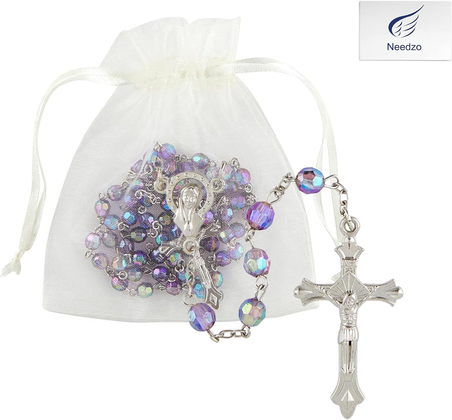 Needzo Purple Rosary Beads Catholic for Women, Prayer Bead Strand and Pouch Religious Keepsake Gift, Confirmation Necklace, 1.5 Inch Madonna Centerpiece