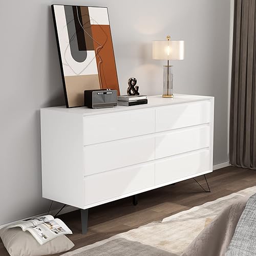 Homsee Cómoda doble de 6 cajones con patas de metal cómoda de madera moderna con gran espacio de almacenamiento para dormitorio color blanco 514