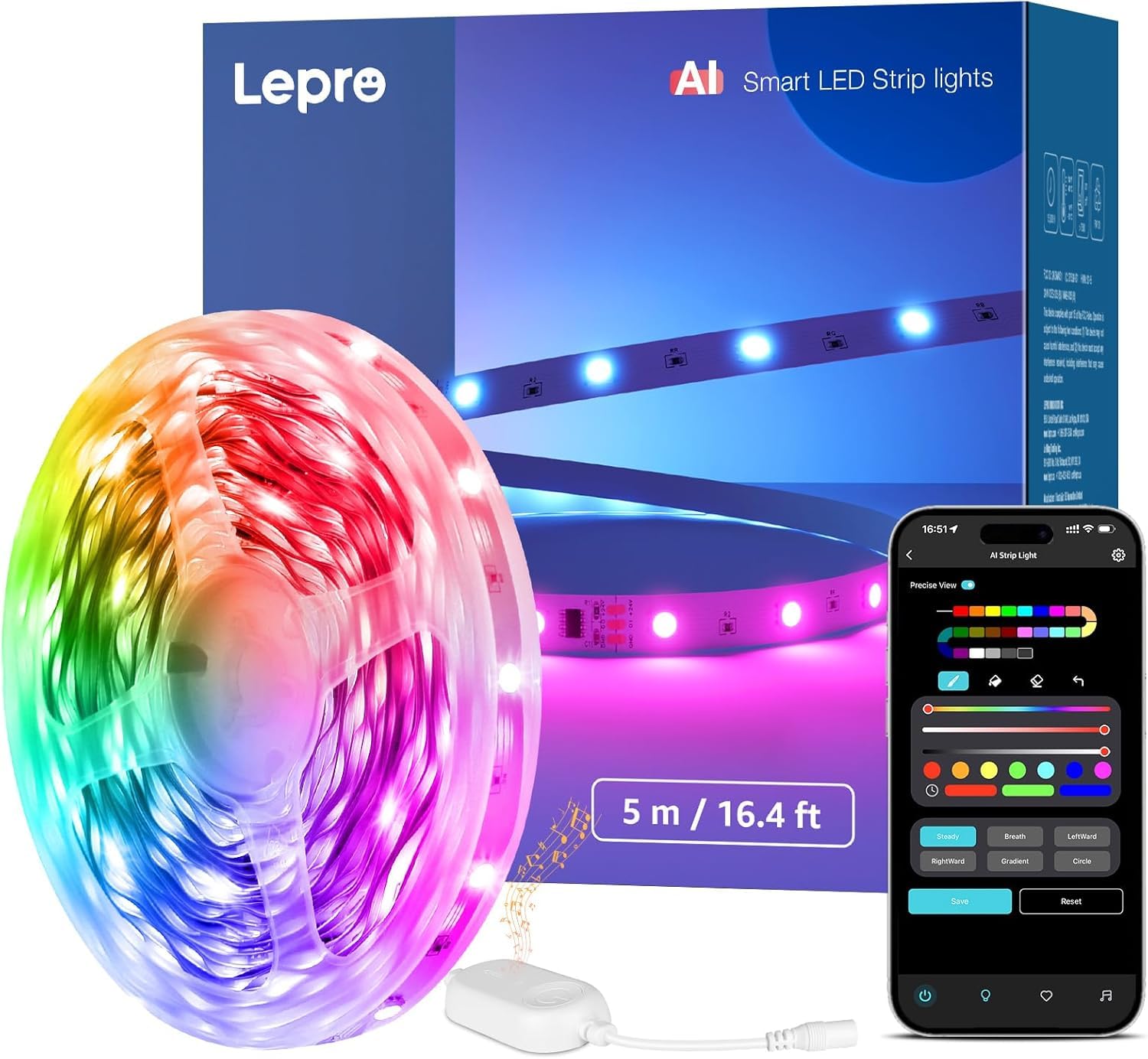 Lepro S1 AI Tira LED 5M, Luces LED MagicColor, Fonciona con Alexa y Google Assistant, Sincronización de Música, Diseñador de Iluminación AI Personalizado, Luz WiFi para Dormitorio, Fiesta, Gaming