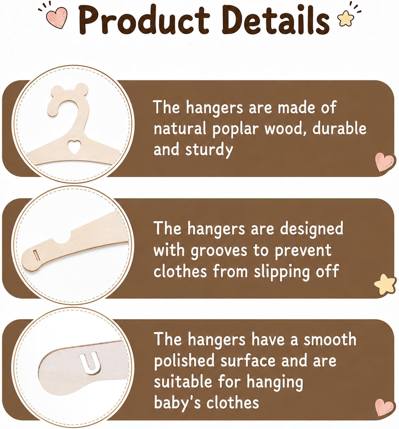 10Pcs Wooden Baby Hangers, Anti-Slip Clothes Hanger for Baby
