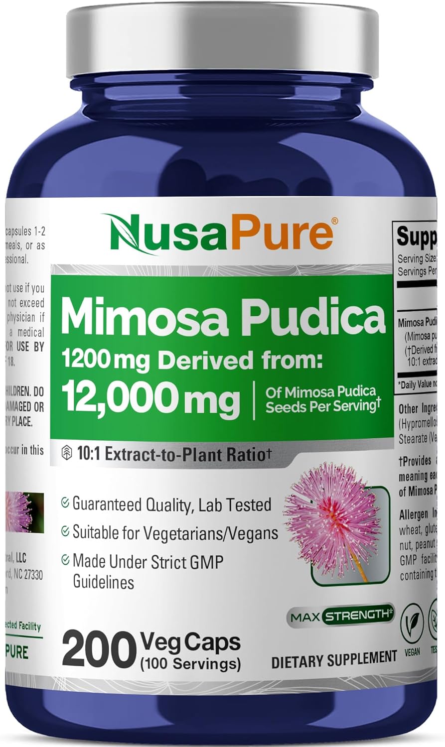 NusaPure Mimosa Pudica Seed 10:1 Extract, 1200 mg Equivalent to 12,000 mg 200 Veg Capsules (Non-GMO, Vegan)