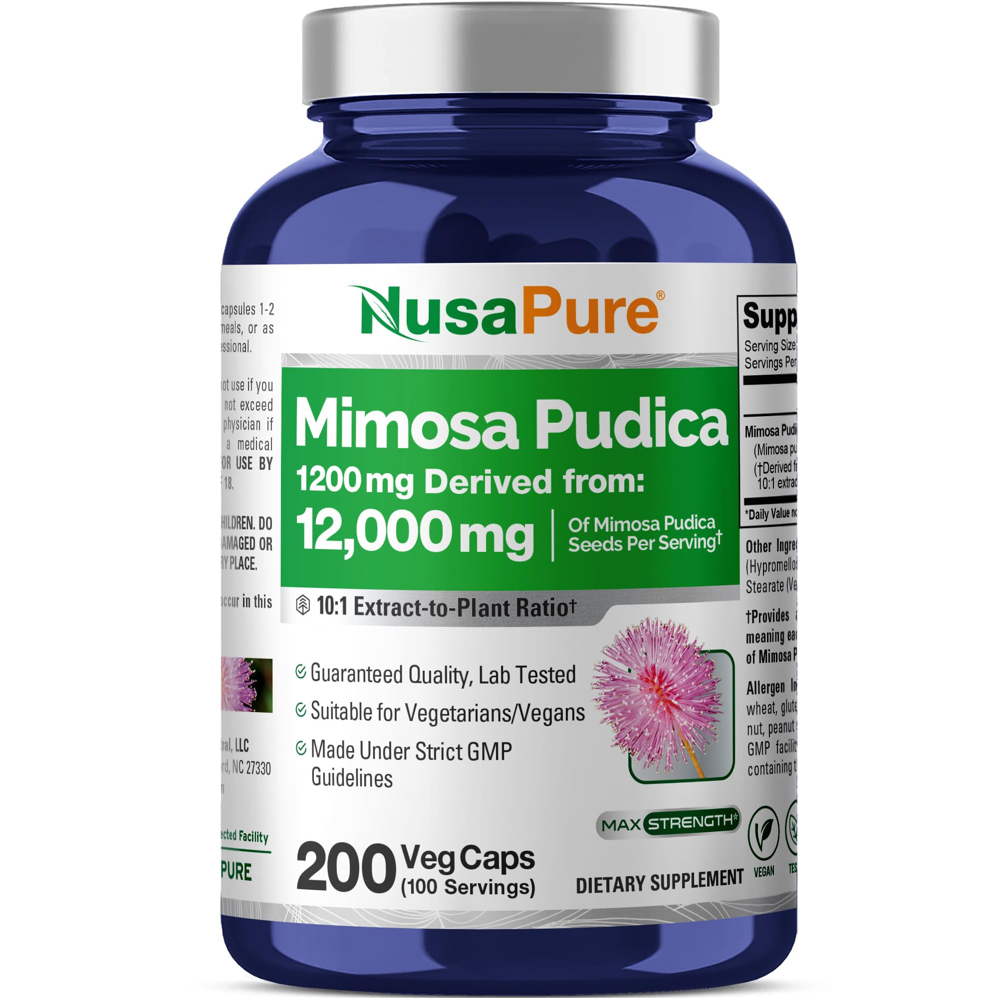 NusaPure Mimosa Pudica Seed 10:1 Extract, 1200 mg Equivalent to 12,000 mg 200 Veg Capsules (Non-GMO, Vegan)