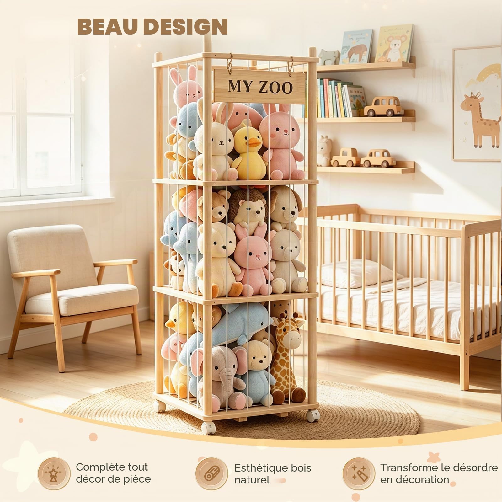 Rangement pour peluches, en bois, avec freins à 360°, grande capacité, 135 x 40 x 40 cm, pour salle de jeux, chambre d'enfant, chambre à coucher