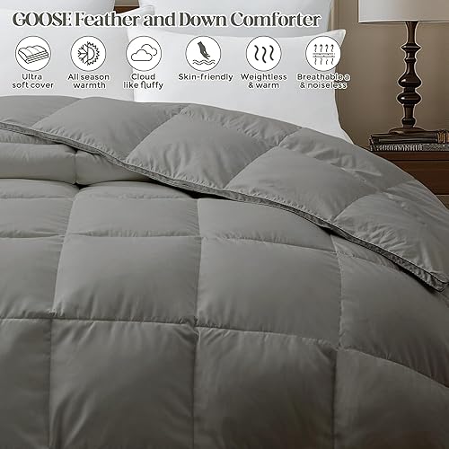 Miniatura 2 de puredown Edredón de plumas de ganso gris, tamaño Queen de gran tamaño, relleno de edredón para todas las estaciones, diseño reforzado, ultra suave,