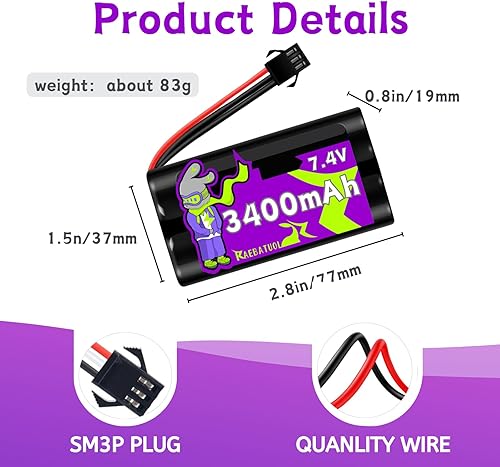 Miniatura 3 de Batería de iones de litio de 3400 mAh 7.4 V con enchufe SM-3P, batería recargable de alta capacidad para camión RC G03060R, Huina 1575, DE43 DE60