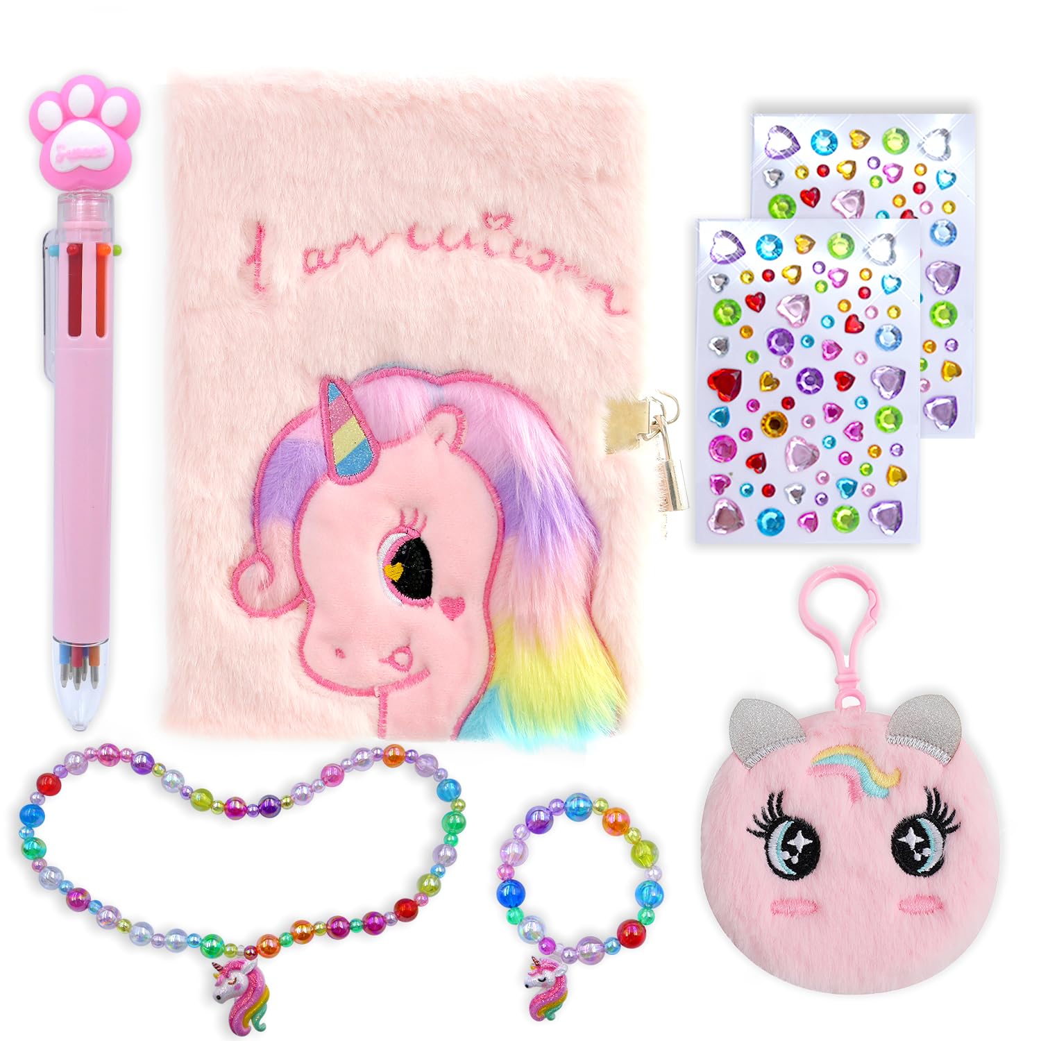 Unicorn Diary with Lock, Gift for Year Old Girl, Fuzzy Secret Diary Journal Notebook with Small Notebook, Bracelet, Necklace, Multicolored Pen, Stickers, Present for Kid (Pink Unicorn)