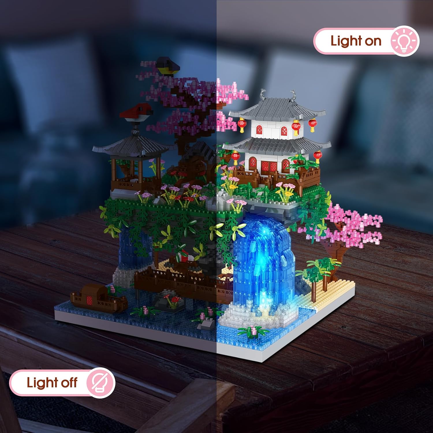 POKONBOY Peach Blossom Pond Building Blocks Set, Chinese Architecture Cherry Blossom Tree House Building Kit with LED Light Gift for Kids Adults Age 12+ (3320 Pcs, Micro Bricks)
