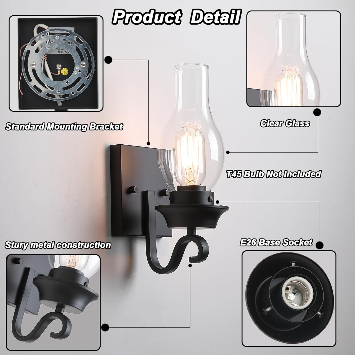 Black Wall Sconces Set of Two, Vintage Farmhouse Wall Sconce with Clear Glass, Bathroom Wall Sconces Lighting Fixture for Bedroom Living Room.