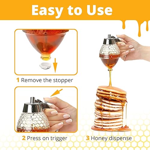 Vista 5 de Honey Dispenser – No Drip Glass with Stand – Honey Jar – Clear Glass Honey Container with Dipper 8 Oz – Maple Syrup Dispenser – Honey Pot with Stand