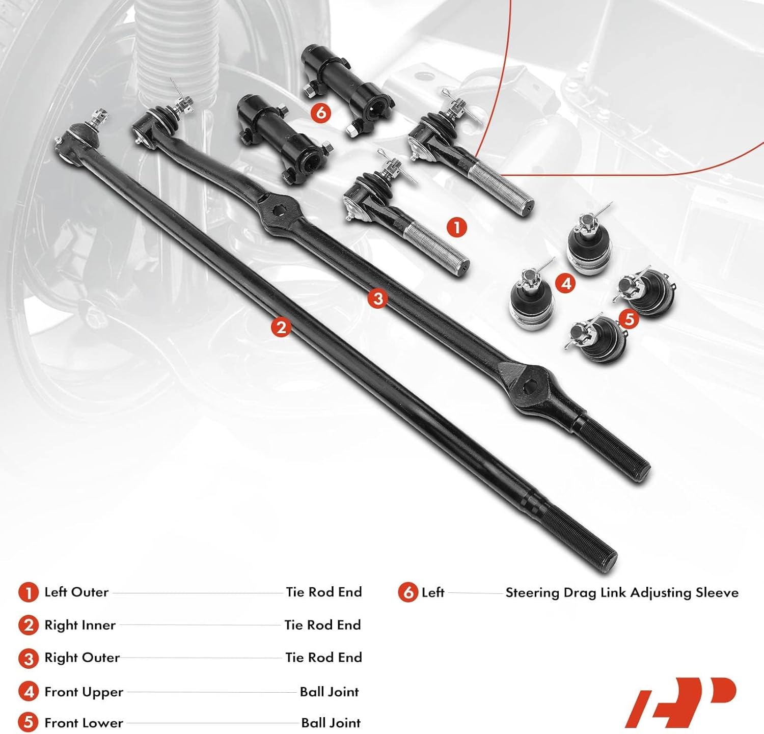 A-Premium Set of 10, Front Upper & Lower Ball Joint, At Pitman Arm & Inner & Outer Tie Rod End, Compatible with Jeep Grand Cherokee 1993-1998