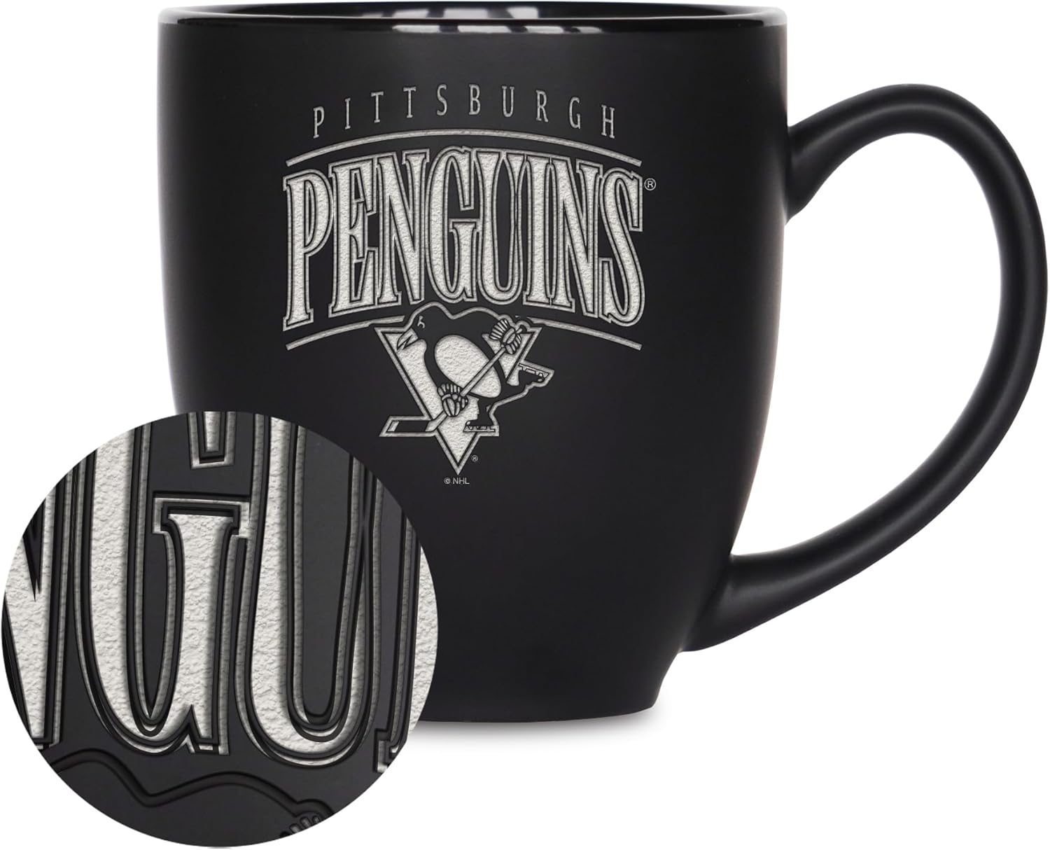 Rico Industries NHL Hockey Tribute 15oz Laser Engraved Matte Black Ceramic Bistro Mug - For Hot or Cold Drinks