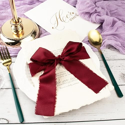 Vista 4 de Burgundy Dark Red Silk Ribbon 1-1/2 Inch x 21Yds Handmade Fringe Silky Chiffon Frayed Fabric Ribbon for Gift Wrapping, Flower Bouquet, Wedding