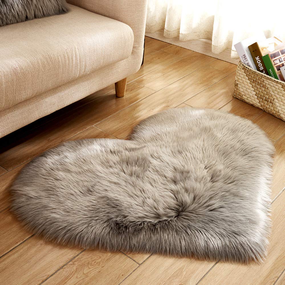 Heart Shaped Soft Faux Sheepskin Fur Area Rugs for Home Sofa Floor Mat Plush, 3ft x 2.2ft (Grey)