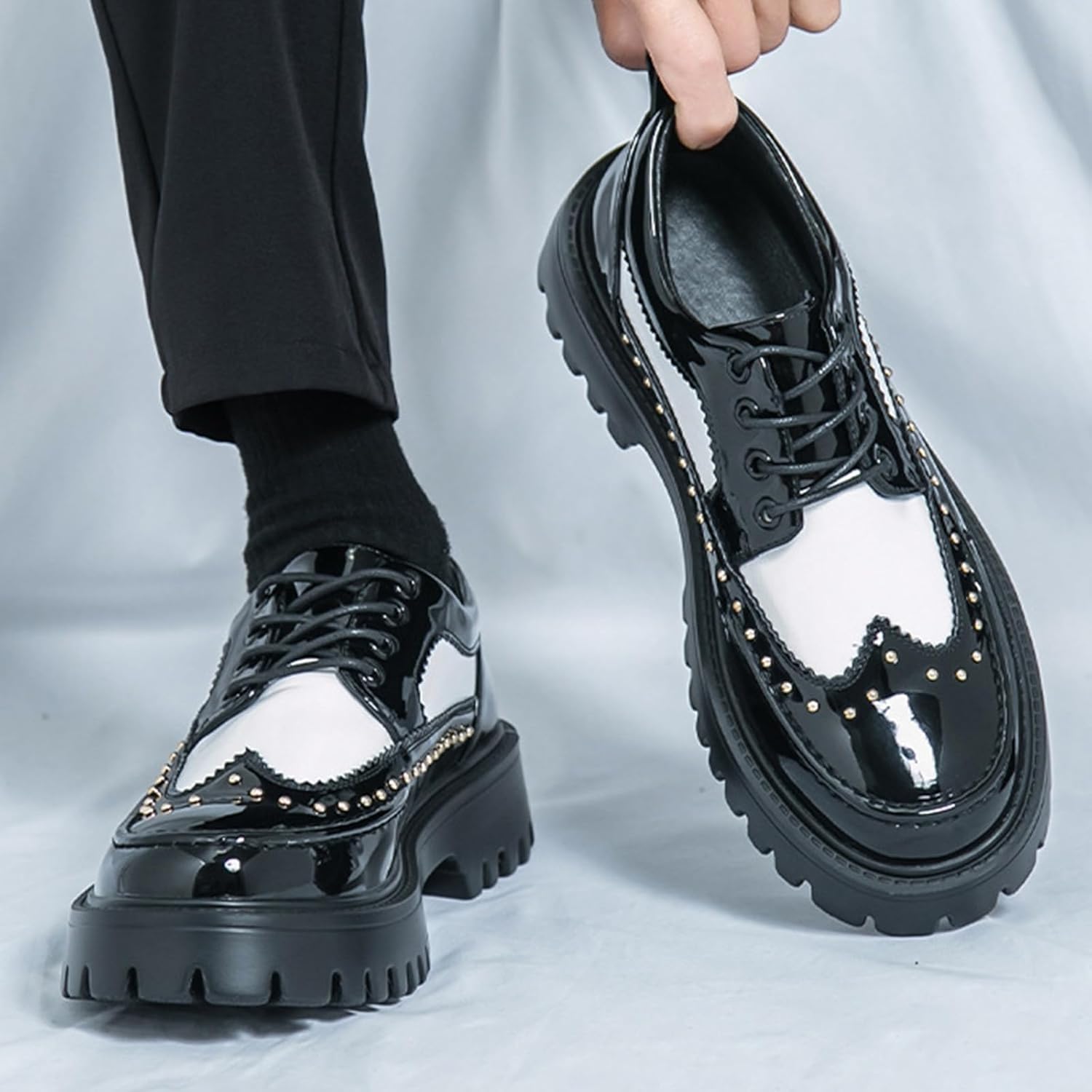 Men's Patent Leather Platform Dress Shoes Classic Round Toe Thick Lug Sole Lace Up Oxfords Comfort Block Heel Derby Business Casual Shoes - Image 2