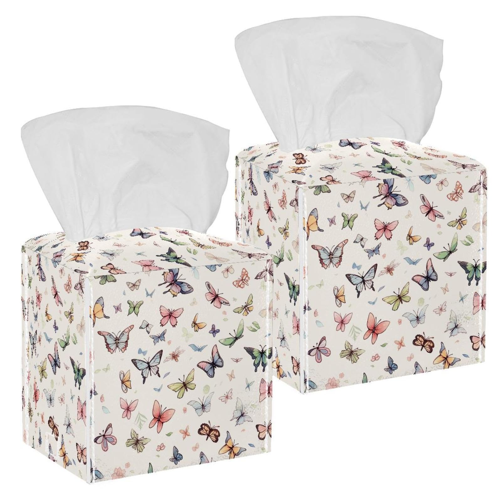 Aesthetic Butterfly Tissue Box Cover, 2 Pack PU Leather Square Facial Tissue Dispenser Box holder for Home Office Car