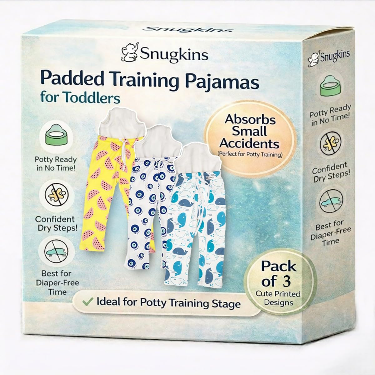Snugkins Diaper Pants for Toddlers 4-5Y | 100% Cotton Training Pants with Attached Padded Underwear | Potty Training Pajamas for Boys & Girls | Reusable, Leak-Resistant, Comfortable for Daytime & Outings Pack of 3-image-15