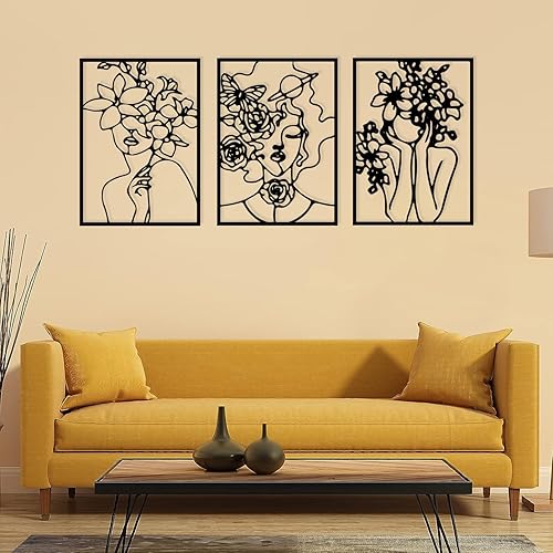 Miniatura 4 de Arte de pared de línea de metal, 3 piezas de arte abstracto minimalista de pared de mujer, cara de mujer con dibujo de línea de flor, arte de pared