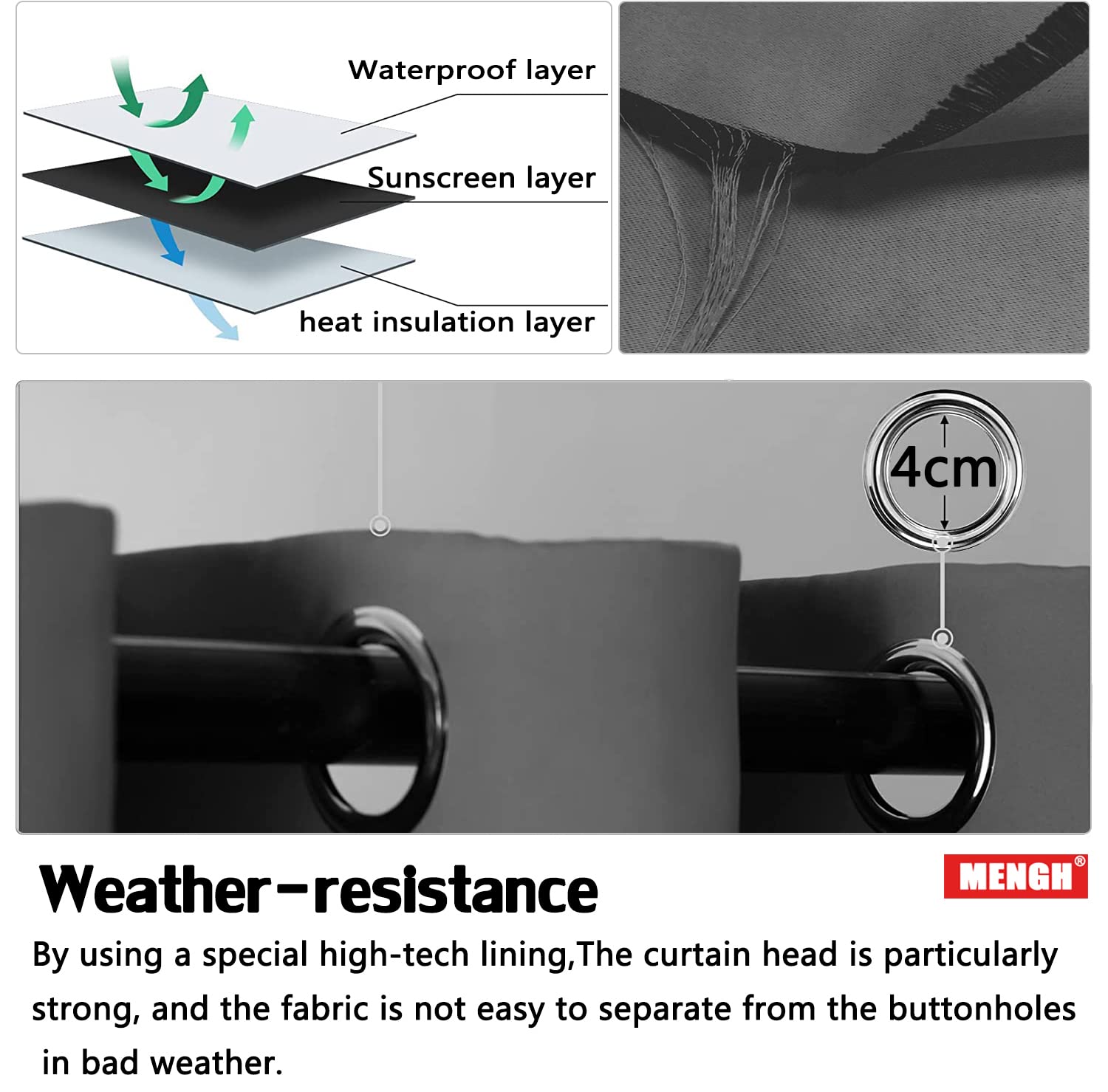 MENGH Outdoor Vorhänge mit Ösen 274x190cm, Hitzestau durch Outdoor Vorhang reduzieren kühl halten Outdoor Gardinen Wasserdicht Für Balkon Terrasse Wasserdicht Sichtschutz Sonnenschutz - Grau 1 Stück
