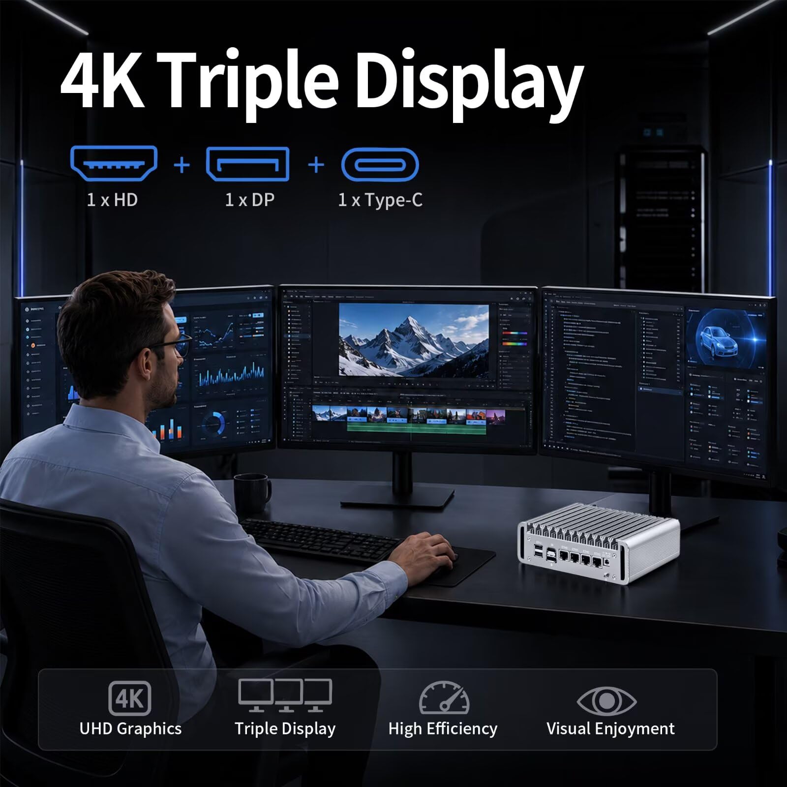 N6005 Mini PC Fanless Firewall Appliance, 4 x i226V 2.5GbE LAN OPNsense Router, Network Security Hardware, DDR4 16GB RAM 256GB SSD, 4K Triple Display