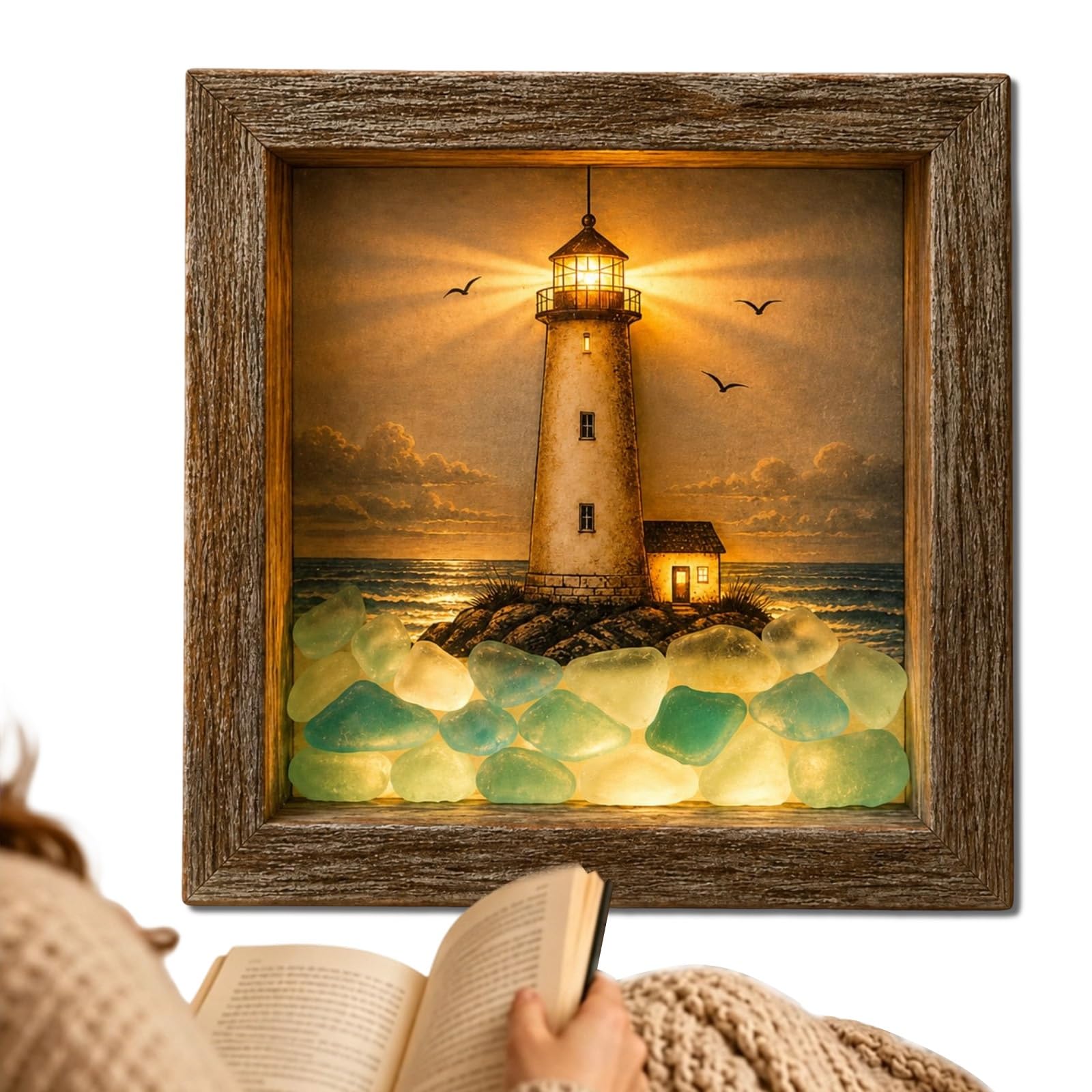 DIY Coastal Lighthouse Sea Glass Shadow Box Night Light, Soft Glowing Lighthouse Shadow Box, LED Framed Night Light, for Bedroom, Livingroom, Reading, Entryway, Feel More Relaxing(G)