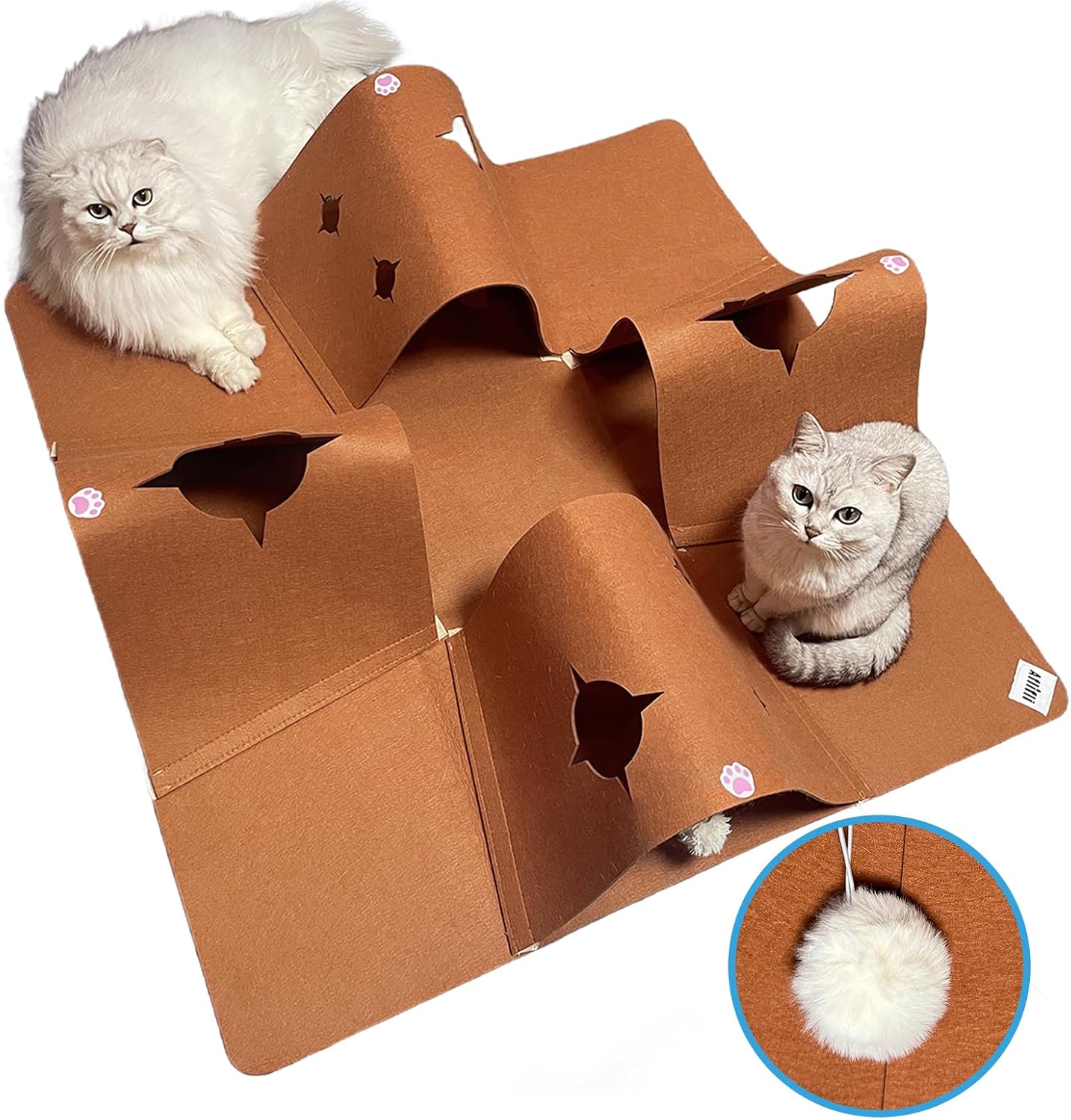 Interactive Cat Tunnel Mat for Indoor Cats, 4-Way Felt Cat Cave with Hanging Ball, Foldable Kitty Play Mat and Hideout, Pet Enrichment Toy for Kittens, Rabbits, Small Pets