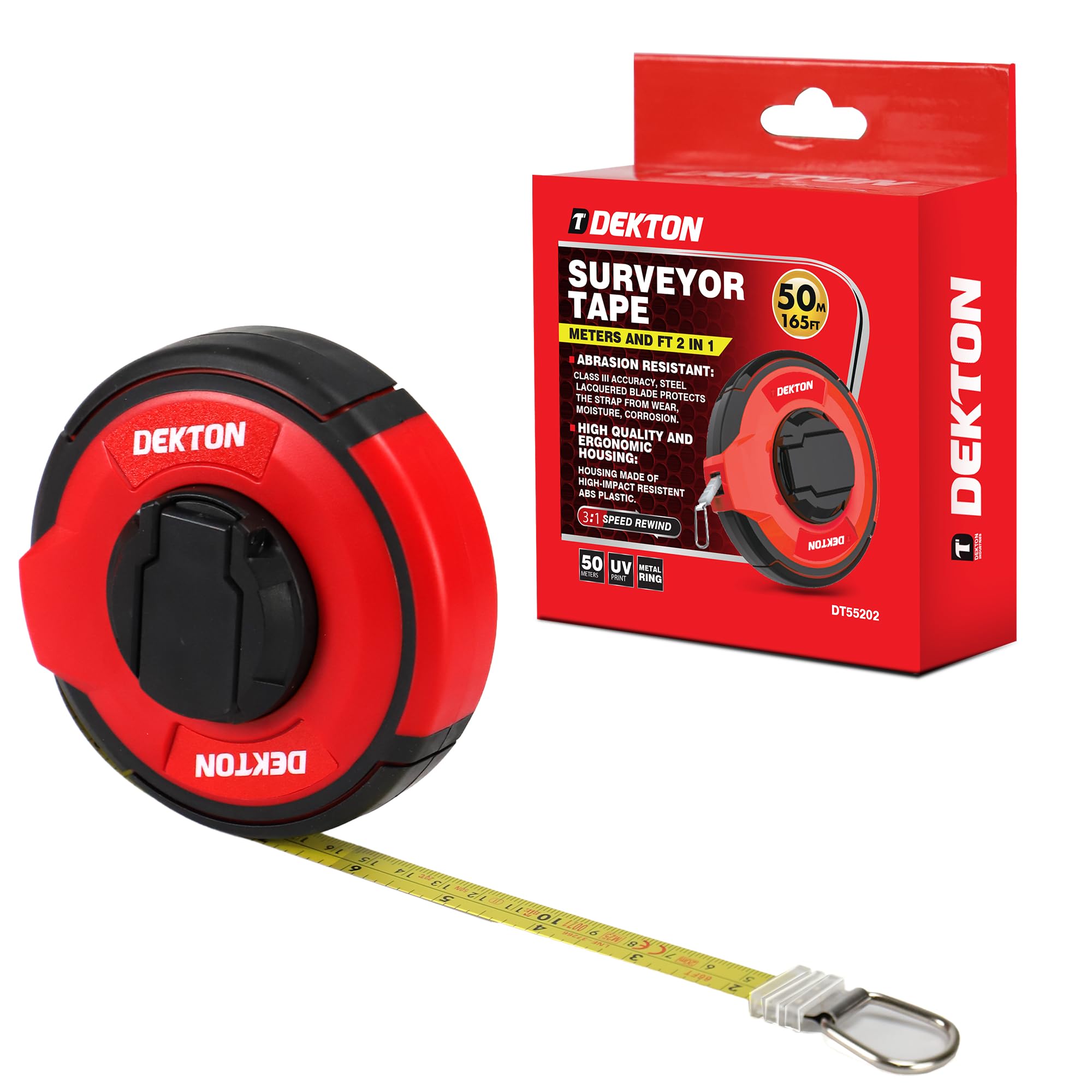 DEKTON 50M Surveyor Tape – Metric & Imperial Uv Print, Class Iii Accuracy, Steel Lacquered Blade, Abrasion & Corrosion Resistant, Durable Abs Housing, Metal Ring, Professional Long Measuring Tape