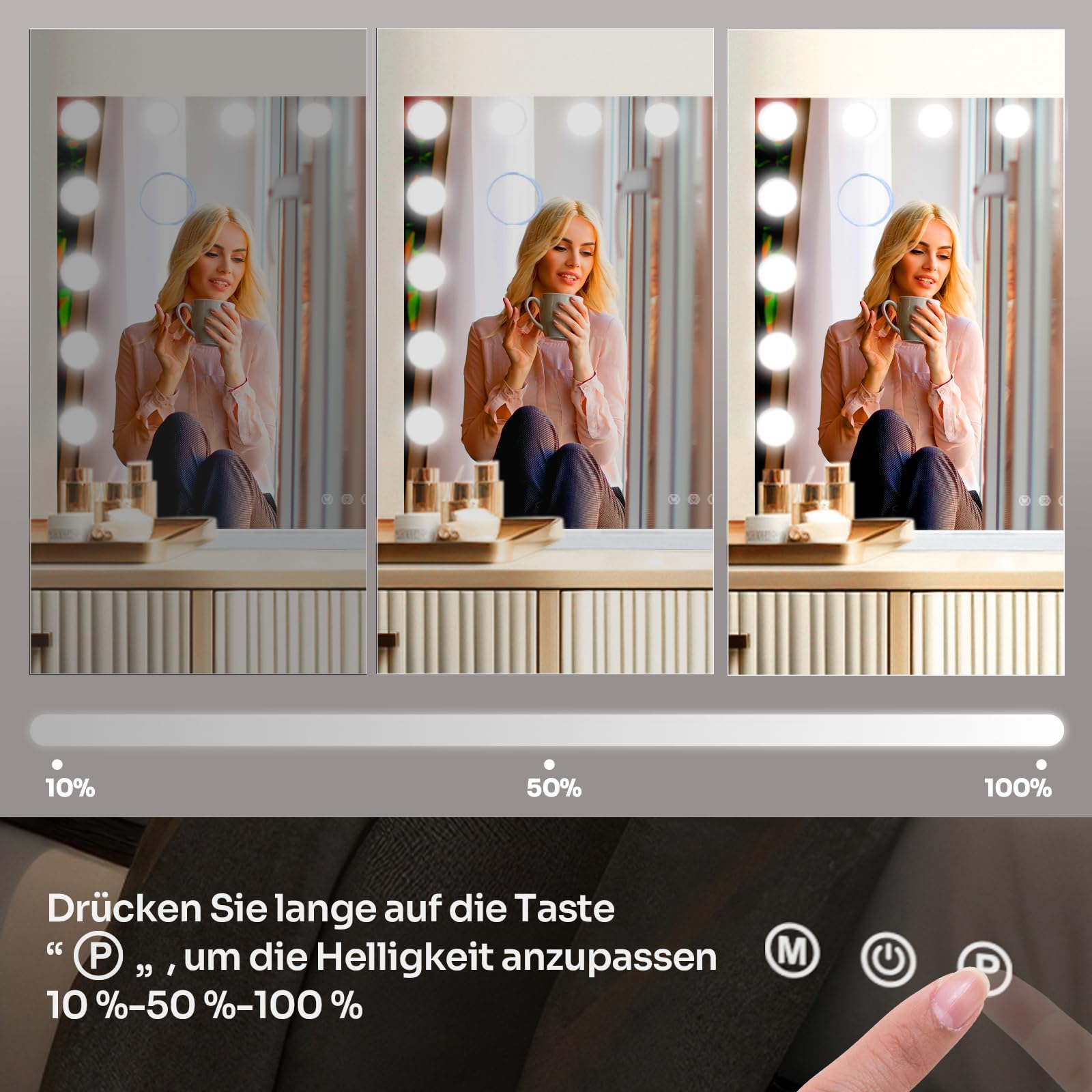 Specchio da trucco con illuminazione, 80 x 60 cm, Hollywood, con 18 LED | Specchio cosmetico con 3 colori di luce, con USB, ingrandimento 10x, touch control, piano da tavolo, bianco
