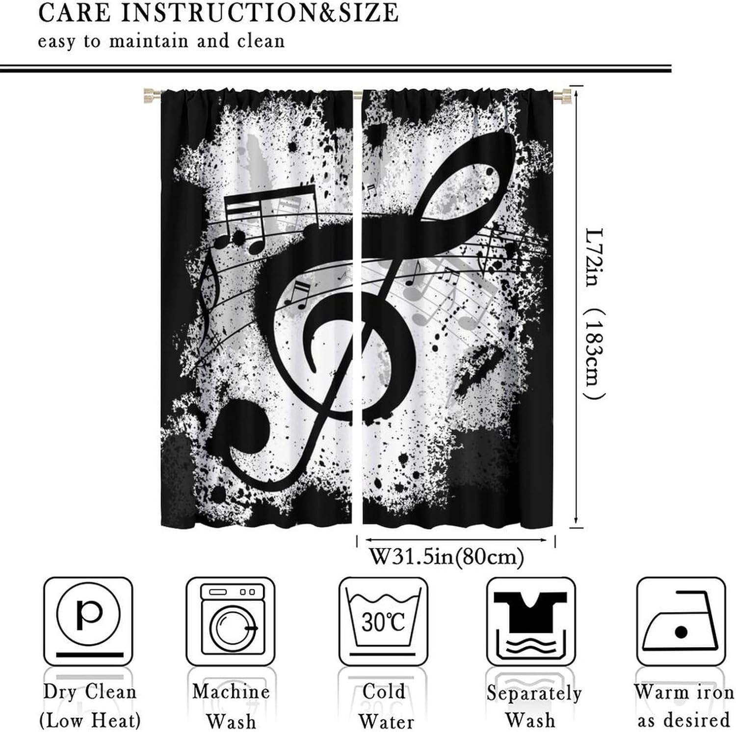 Music Window Curtains, Black White Musical Notes Abstract Pattern Window Treatments for Bedroom Living Room Nursery Kids Room Blackout Decorative Drapes 2 Panel Sets,63x72 Inch