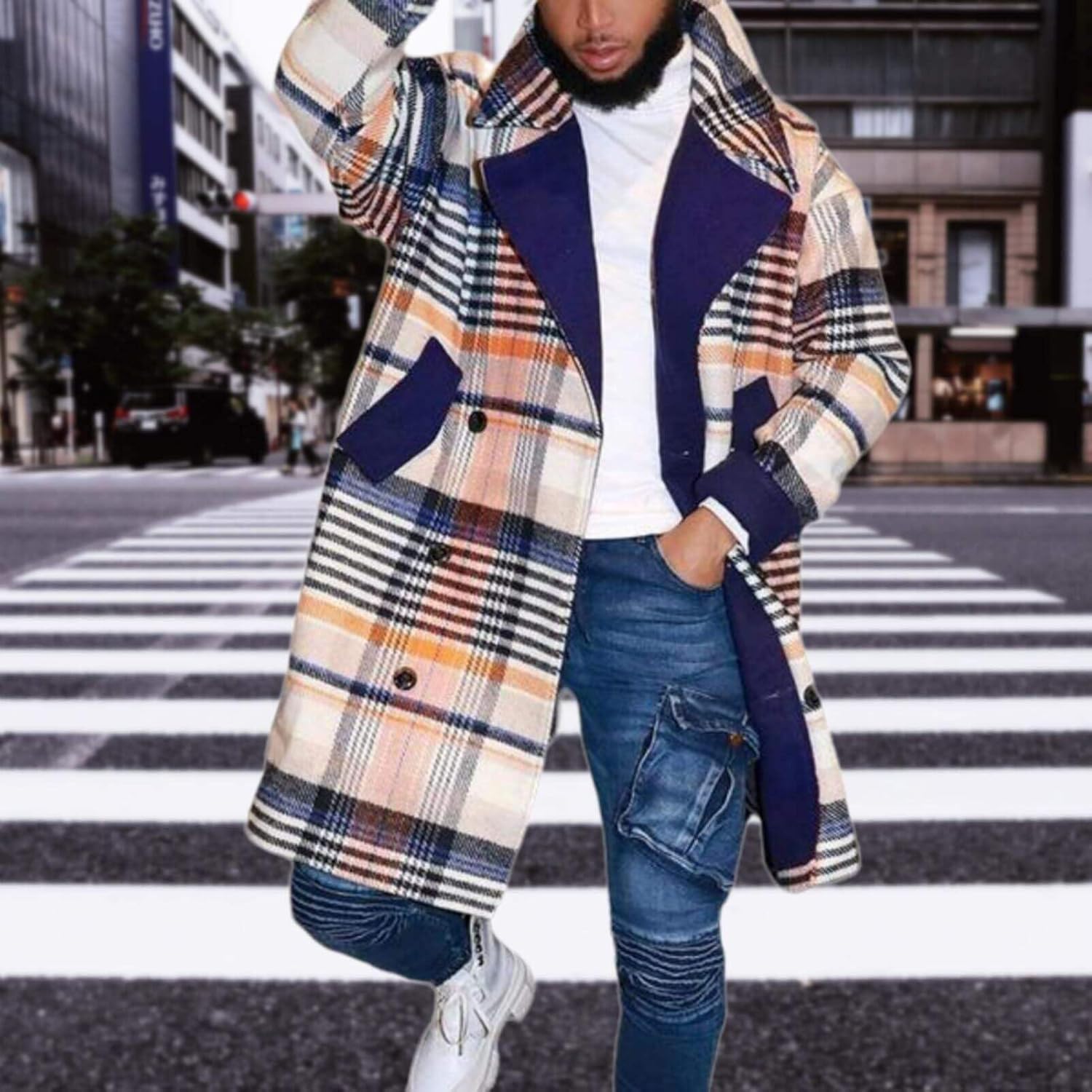 Men's Plaid Long Trench Coat Mid - Length Lapel Collar Button Down Warm Overcoat for Winter & Autumn Fashion - Image 2