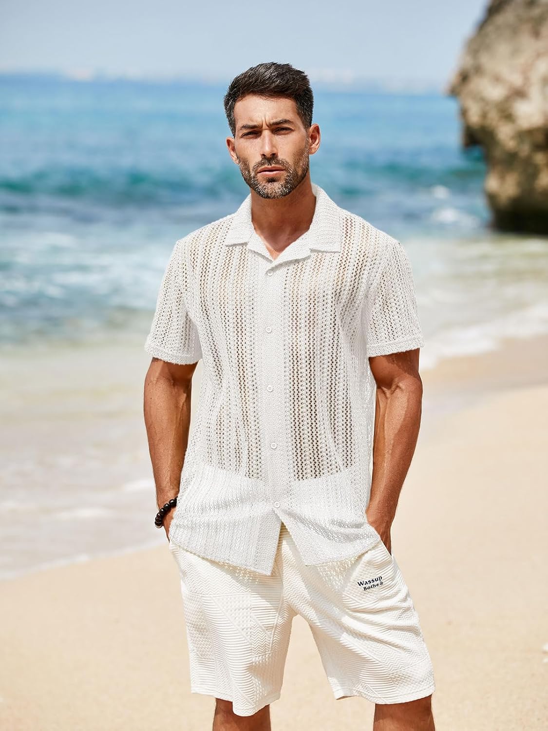 Runcati Mens Button Down Shirts Short Sleeve Hollow Out Knit Shirt Cuban Collar Casual Crochet Beach Summer Tops - Image 2