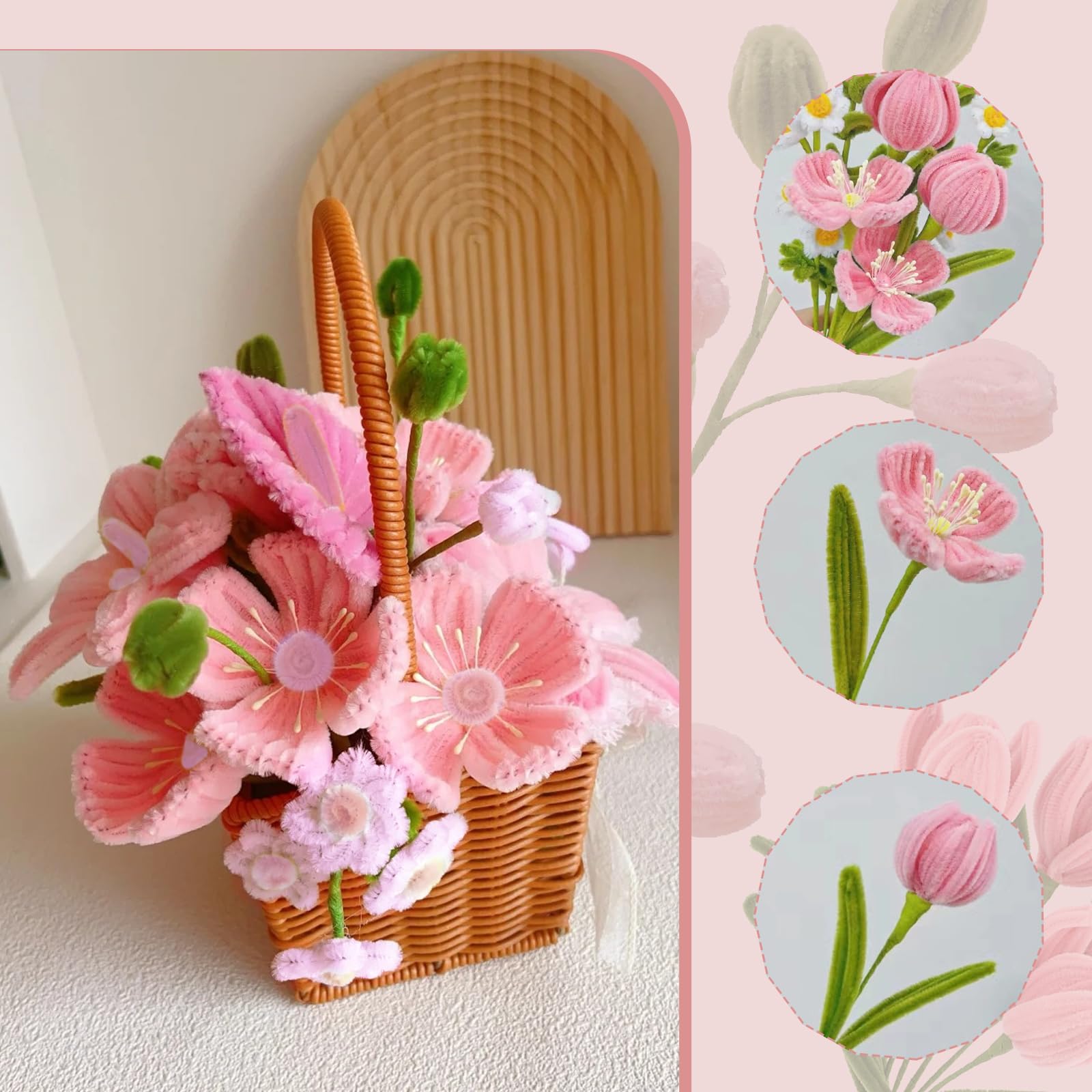 Lot De 400 Cure-Pipes à Fleurs Pour Bricolage - Kit Complet 4 Couleurs Avec Fils Et Rubans - Rose